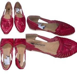 Women's Guaraxez Huaraches Red Leather Handmade Sandals Shoes Sz 8 Mex 25"